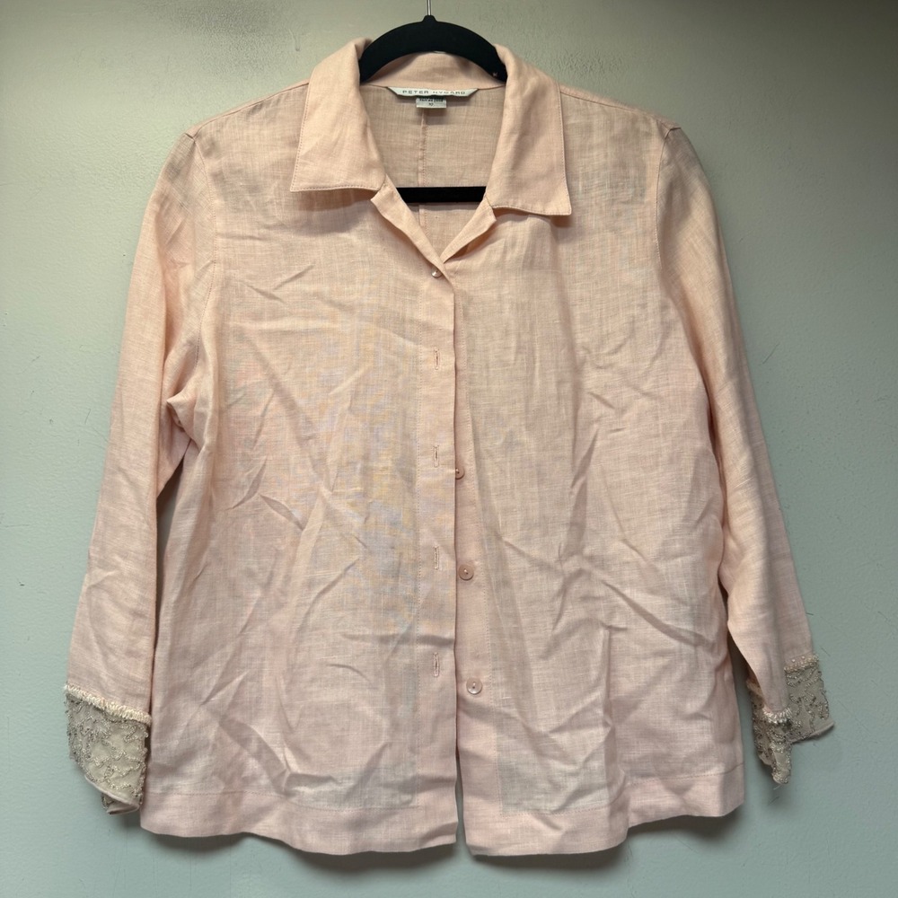 Peter Nygard Blouse Women 10 Pink Excellent Linen Lace Cuff 14138609